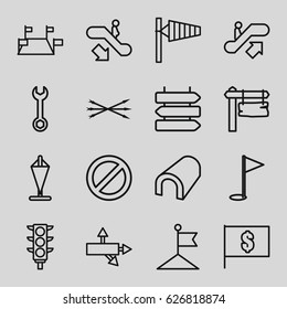 Direction icons set. set of 16 direction outline icons such as escalator up, escalator down, wind cone, tunnel, flag, wrench, traffic light, prohibited, arrow bow, gold flag