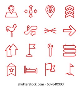 Direction icons set. set of 16 direction outline icons such as escalator up, direction   isolated, man move, weather vane, flag, location pin, arrow up, arrow, wrench