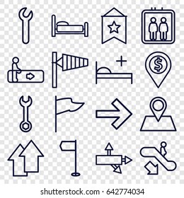 Direction icons set. set of 16 direction outline icons such as elevator, escalator, escalator down, wind cone, wrench, location pin, medical bed, arrow up, arrow, flag