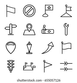 Direction icons set. set of 16 direction outline icons such as escalator, flag, location pin, traffic light, prohibited, direction, wrench, arrow, arrow up, location