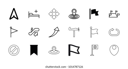Direction icons. set of 18 editable outline direction icons: flag, escalator up, map location, locations, medical bed, arrow up, move, location, weather vane, navigation arrow