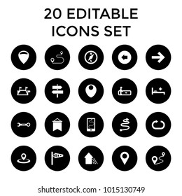 Direction icons. set of 20 editable filled direction icons such as escalator, arrow left, wind cone, location, distance. best quality direction elements in trendy style.