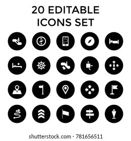 Direction icons. set of 20 editable filled direction icons such as escalator down, flag, man move, move, compass, bed. best quality direction elements in trendy style.