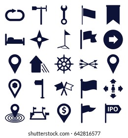 Direction icons set. set of 25 direction filled icons such as arrow right, man move, map location, wrench, weather vane, helm, location, reload replay, flag, arrow up