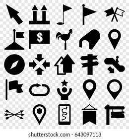 Direction icons set. set of 25 direction filled icons such as escalator down, tunnel, flag, weather vane, cargo arrow up, location, reload replay, gold flag, map location