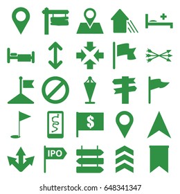 Direction icons set. set of 25 direction filled icons such as flag, bed, navigation arrow, location pin, prohibited, medical bed, arrow up, gold flag, location
