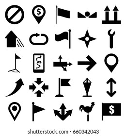 Direction icons set. set of 25 direction filled icons such as weather vane, flag, cargo arrow up, location, prohibited, reload replay, arrow up, map location, arrow, wrench
