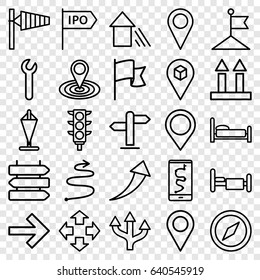 Direction icons set. set of 25 direction outline icons such as wind cone, flag, map location, bed, cargo arrow up, location, traffic light, arrow up, wrench, move, compass