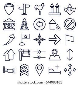 Direction icons set. set of 25 direction outline icons such as arrow left, tunnel, man move, weather vane, bed, cargo arrow up, top of cargo box, location pin, prohibited