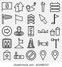 Direction icons set. set of 25 direction outline icons such as elevator, escalator, direction   isolated, arrow right, wind cone, arrow up, tunnel, flag, map location