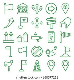 Direction icons set. set of 25 direction outline icons such as arrow right, wind cone, arrow up, tunnel, flag, man move, weather vane, top of cargo box, distance, location