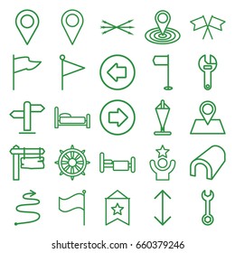 Direction icons set. set of 25 direction outline icons such as arrow left, arrow right, tunnel, map location, wrench, bed, location pin, helm, flag, location