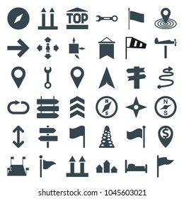 Direction icons. set of 36 editable filled direction icons such as tunnel, man move, map location, wrench, compass, flag, bed, cargo arrow up, reload replay, forward, location