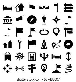 Direction icons set. set of 36 direction filled icons such as elevator, arrow left, arrow up, tunnel, flag, bed, top of cargo box, distance, helm, reload replay, gold flag