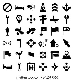 Direction icons set. set of 36 direction filled icons such as elevator, escalator up, escalator down, tunnel, flag, man move, wrench, weather vane, bed, location pin, distance