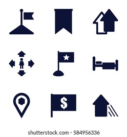 direction icons set. Set of 9 direction filled icons such as flag, man move, bed, location, arrow up