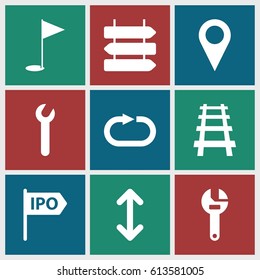 Direction icons set. set of 9 direction filled icons such as wrench, railway, reload replay, gold flag, arrow