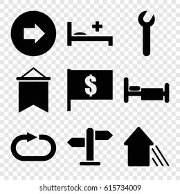 Direction icons set. set of 9 direction filled icons such as arrow right, bed, medical bed, reload replay, arrow up, direction, wrench, flag