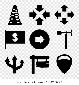 Direction icons set. set of 9 direction filled icons such as arrow right, tunnel, weather vane, direction board, location, flag with dollar, move