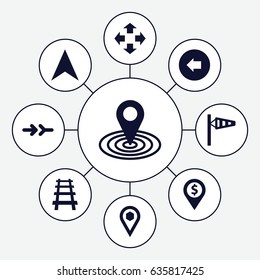 Direction icons set. set of 9 direction filled icons such as arrow left, wind cone, map location, navigation arrow, railway, location, arrow, move