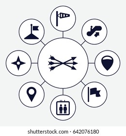 Direction icons set. set of 9 direction filled icons such as elevator, escalator up, wind cone, flag, location pin, arrow bow, compass