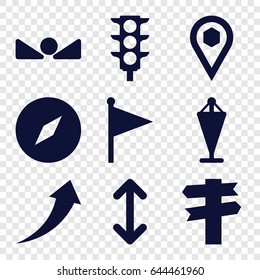 Direction icons set. set of 9 direction filled icons such as flag, location, traffic light, arrow up, arrow, direction
