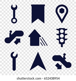 Direction icons set. set of 9 direction filled icons such as escalator up, escalator down, wrench, navigation arrow, location, traffic light, arrow up