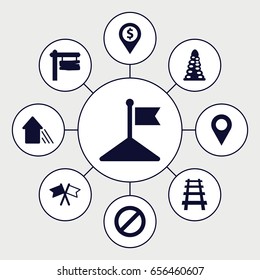 Direction icons set. set of 9 direction filled icons such as tunnel, flag, direction board, railway, prohibited, arrow up, location