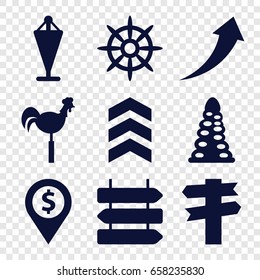 Direction icons set. set of 9 direction filled icons such as tunnel, flag, weather vane, helm, arrow, arrow up