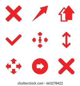 direction icons set. set of 9 direction filled icons such as arrow right, man move, cross, arrow up, arrow, tick