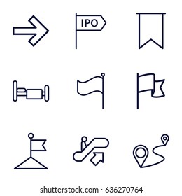 Direction icons set. set of 9 direction outline icons such as escalator up, flag, bed, distance, direction