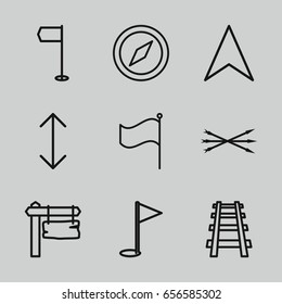 Direction icons set. set of 9 direction outline icons such as direction board, navigation arrow, railway, flag, arrow, arrow bow, gold flag