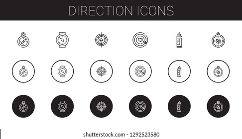 direction icons set. Collection of direction with compass, radar, dart board, marker. Editable and scalable direction icons.