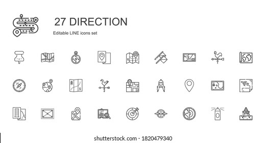 direction icons set. Collection of direction with earth, compass, dart board, map, google maps, expand, pin, weathercock, geolocalization. Editable and scalable direction icons.