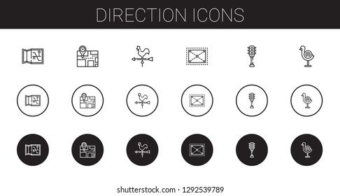 direction icons set. Collection of direction with map, weather vane, expand, traffic light, dart board. Editable and scalable direction icons.