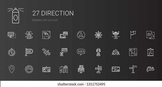 direction icons set. Collection of direction with map, signpost, gps, compass, pin, maps, marshall, sos, escalator, wrong way, runway, rudder. Editable and scalable direction icons.