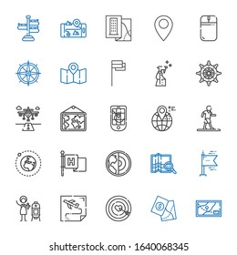 direction icons set. Collection of direction with map, dart board, route, vertical, flags, earth, flag, walking, location, gps, runway. Editable and scalable direction icons.