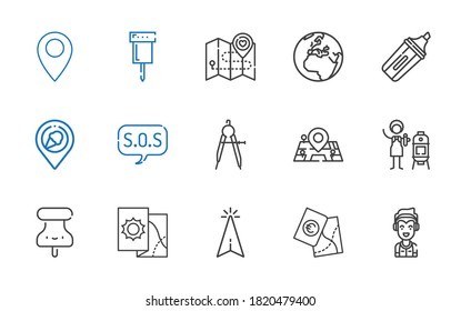 conjunto de iconos de dirección. Colección de dirección con marshall, map, cursor, pushpin, vertical, mapas, brújula, sos, lugar, marcador, tierra, pin. Iconos de dirección editables y escalables.
