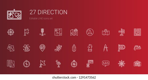 direction icons set. Collection of direction with sos, map, compass, dart board, radar, strategy, marker, escalator, place, road, navigator. Editable and scalable direction icons.