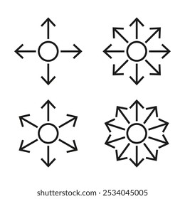 Direction icons set. Multiple arrows symbol. Radial expansion concept. Simple black lines.