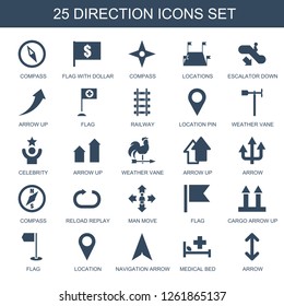 direction icons. Trendy 25 direction icons. Contain icons such as compass, flag with dollar, locations, escalator down, arrow up, flag, railway. direction icon for web and mobile.
