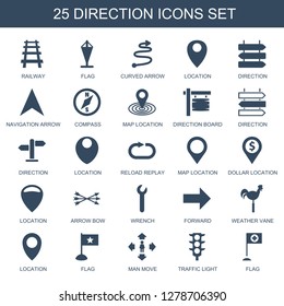 direction icons. Trendy 25 direction icons. Contain icons such as railway, flag, curved arrow, location, navigation arrow, compass, map location. direction icon for web and mobile.