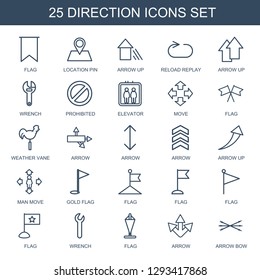 direction icons. Trendy 25 direction icons. Contain icons such as flag, location pin, arrow up, reload replay, wrench, prohibited, elevator. direction icon for web and mobile.