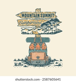 direction illustration plaque graphic campground design mountain badge adventure vintage backpack