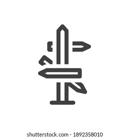 Direction indicator icon. A simple linear image of a road sign pointing in three different directions. Isolated vector on white background.