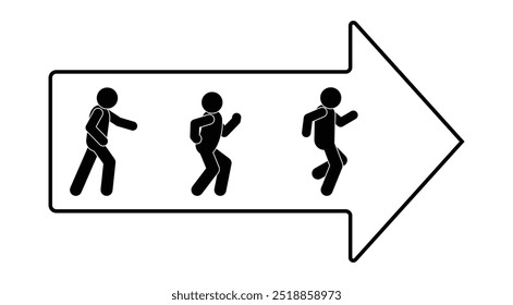 direction indicator, right arrow, stickman icon, people walking, exit symbol