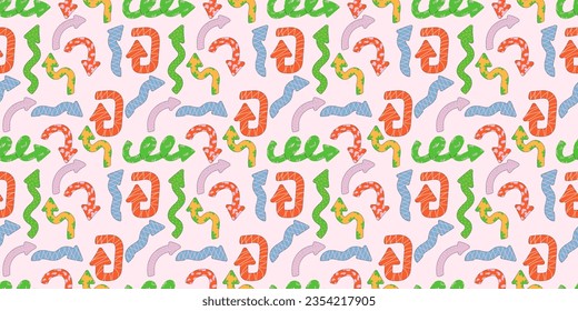 Direction indicators seamless pattern. Naive playful arrow pointers with vector texture in trendy retro style. Y2k aesthetic. Dynamic arrow signs for design