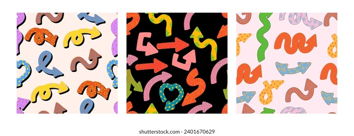Direction indicators seamless pattern. Naive playful arrow pointers with vector texture in trendy retro style. Y2k aesthetic. Dynamic arrow signs for design