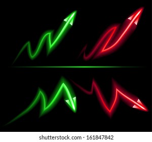 Direction of inflation and deflation of red and green neon on black background.