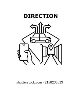 Direction Lead Vector Icon Concept. Gps Navigation Digital Application For Direction Lead Pedestrian On Urban Street Or Driver In Car On Road. Navigate System For Help Search Route Black Illustration